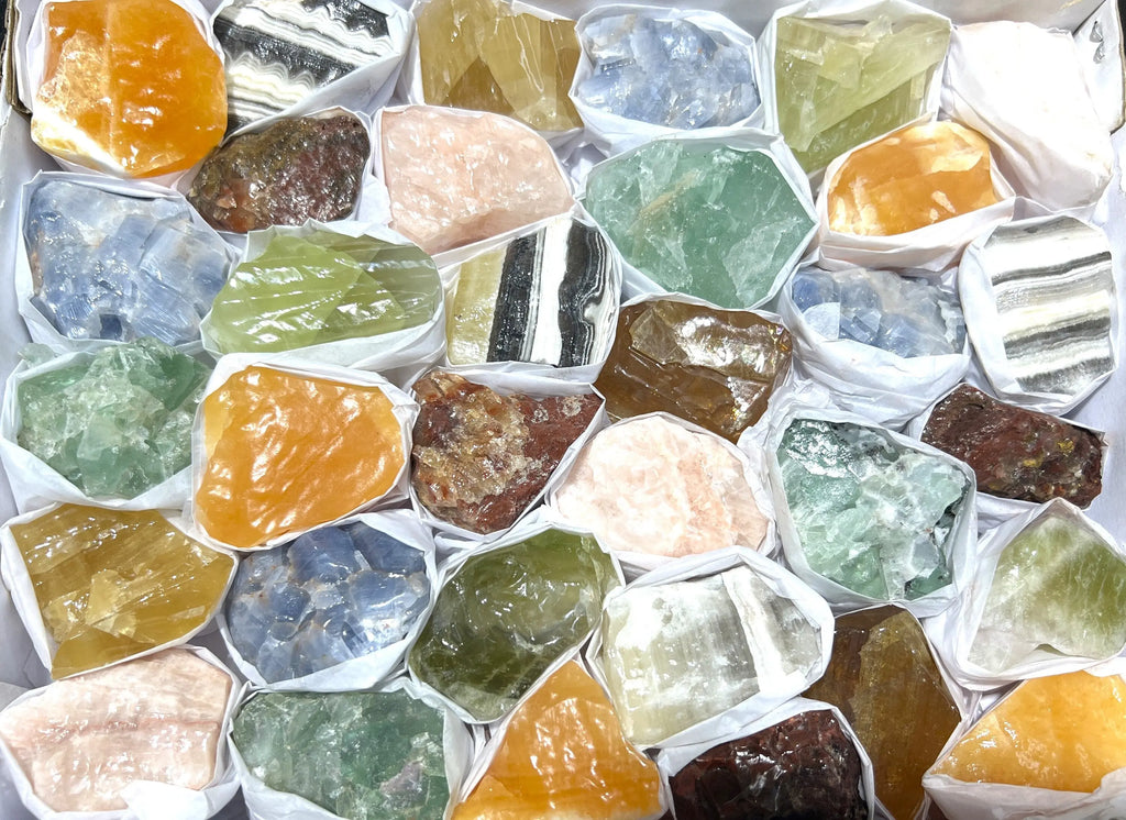 Assorted Calcite & Fluorite Mixed Rough Raw Crystals Wholesale Collection Orange Blue Zebra Green Box Flat | Home & Living > Home Decor > Home Accents > Rocks & Geodes | Wiccan Center