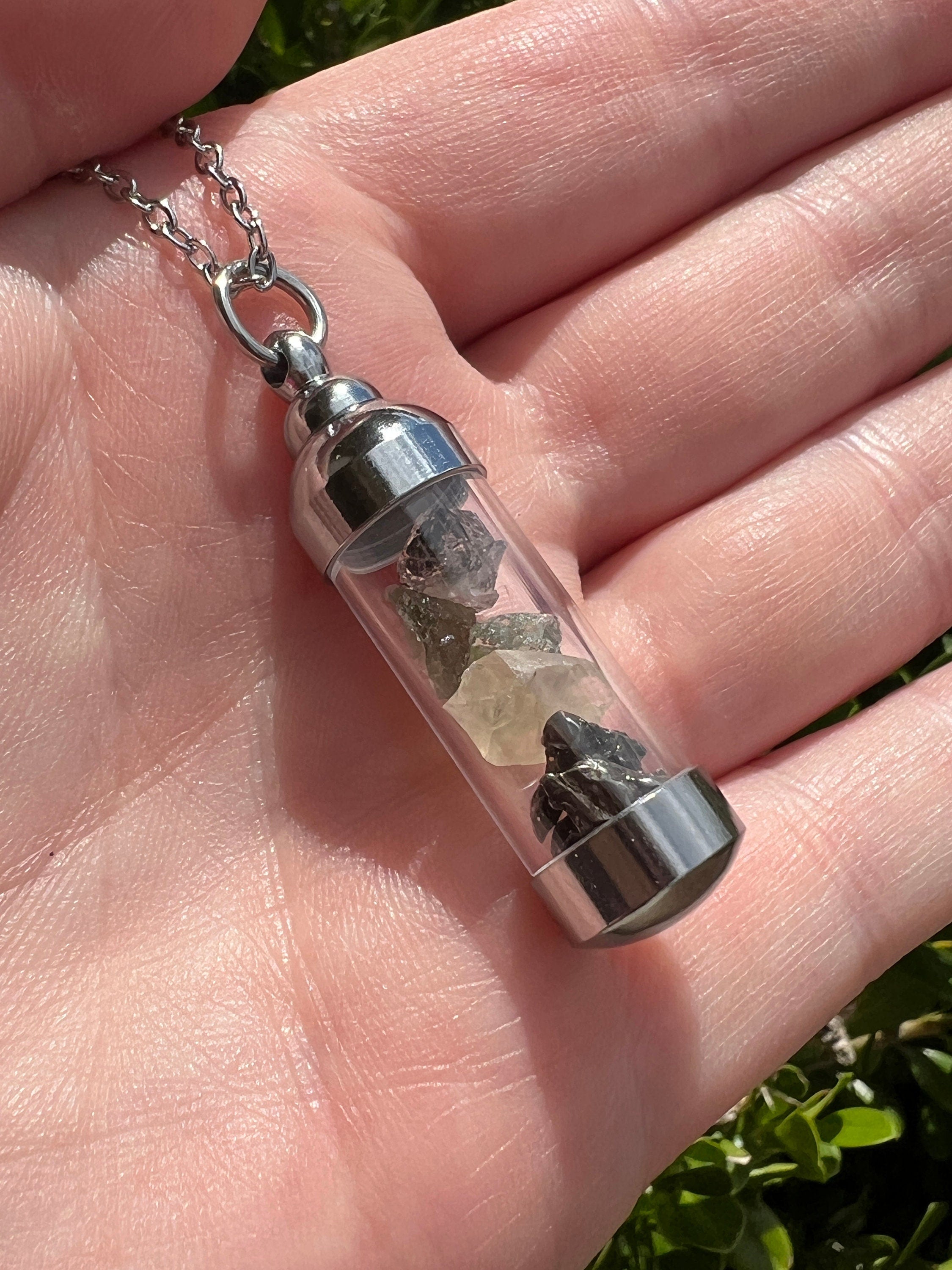 Moldavite Herkimer Diamond Meteroite Libyan Desert Glass Pendant | Iron Campo del Cielo Raw Tektite Jewelry Vial Necklace | Transformation | | Wiccan Center