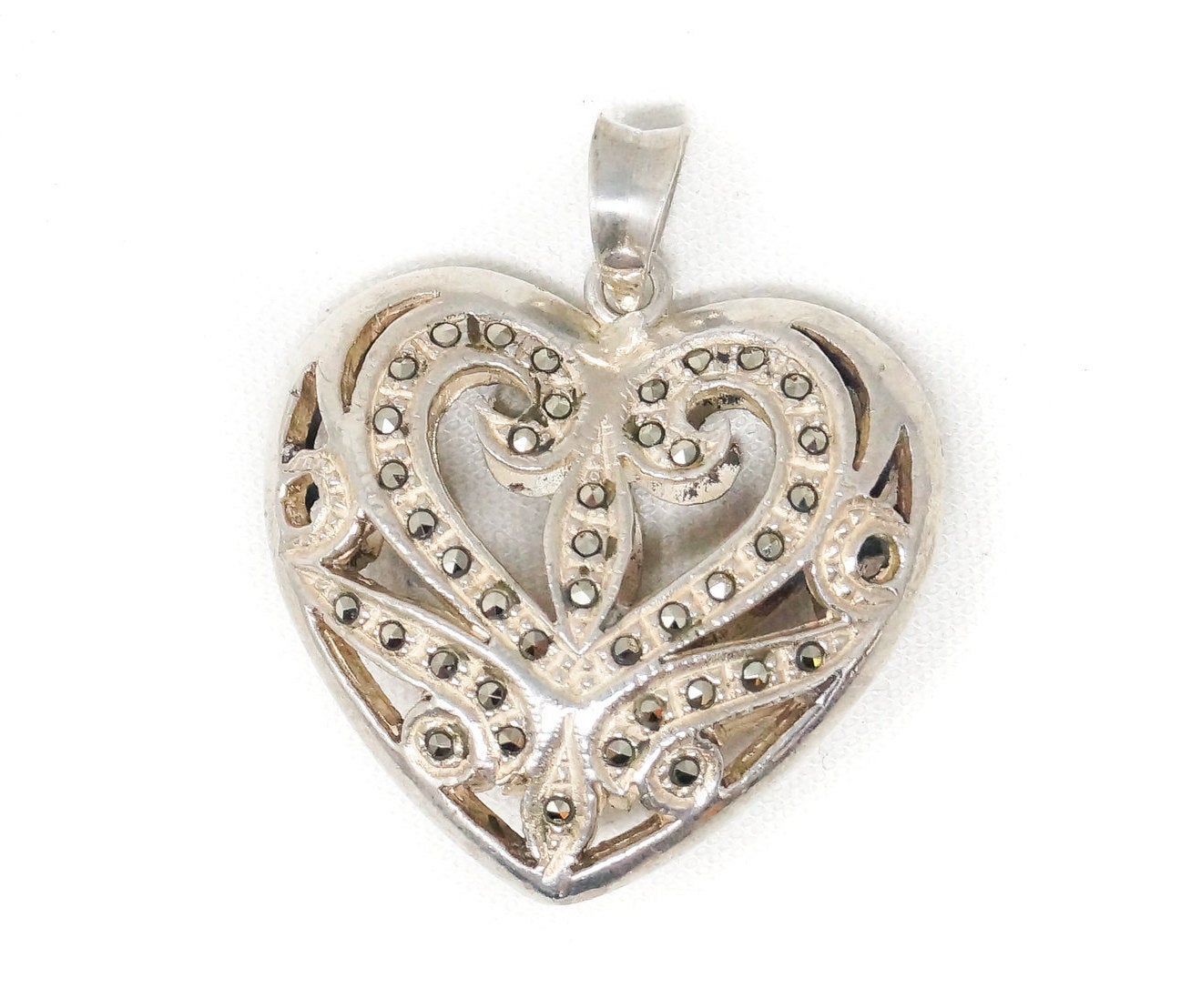 Vintage Marcasite Heart Cut Out Swirl Art Deco Sterling Silver Necklace Pendant | Jewelry > Necklaces > Pendants | Wiccan Center