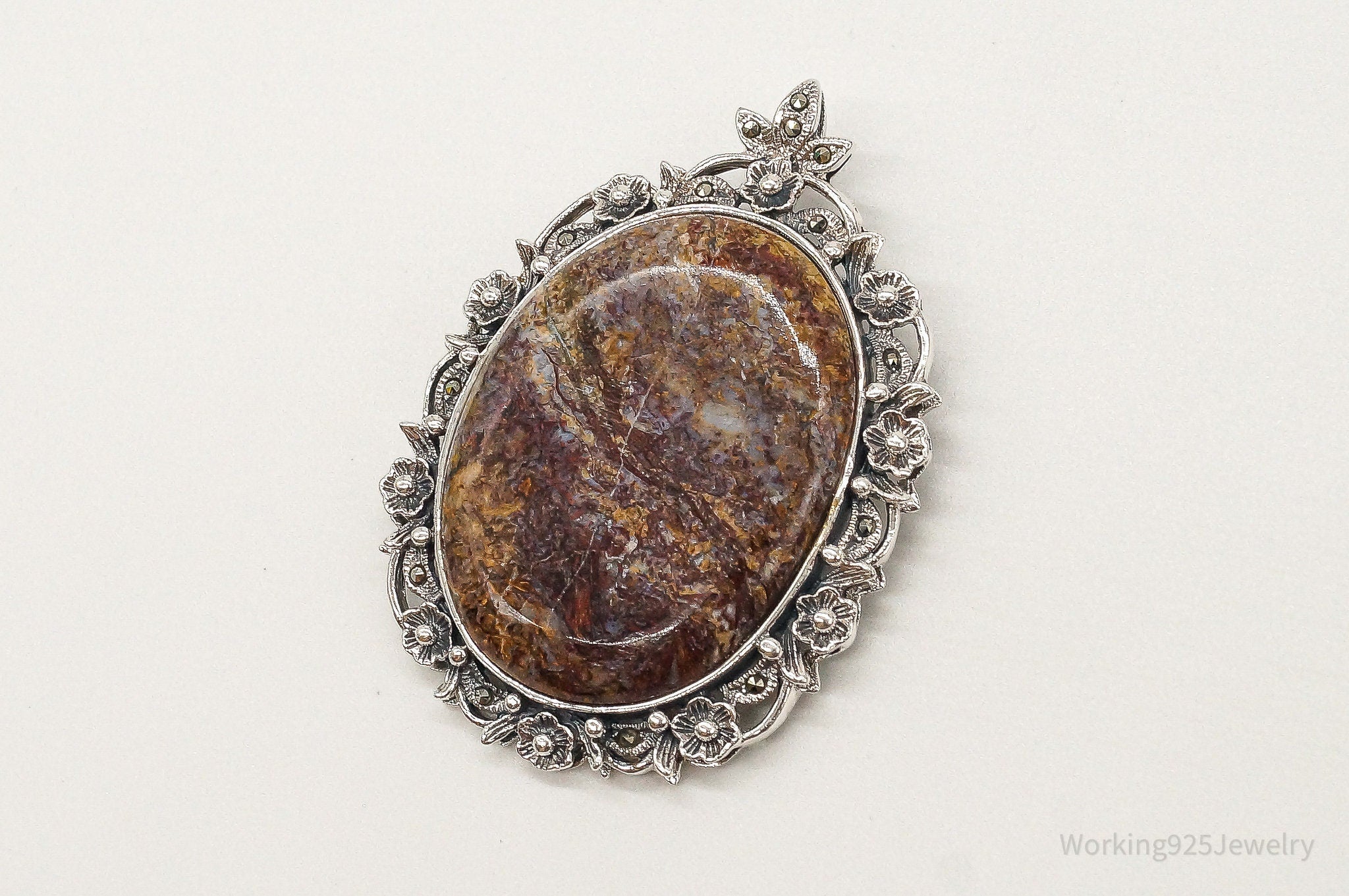 Vintage Large Designer NK Jasper Marcasite Sterling Silver Pendant | Jewelry > Necklaces > Pendants | Wiccan Center