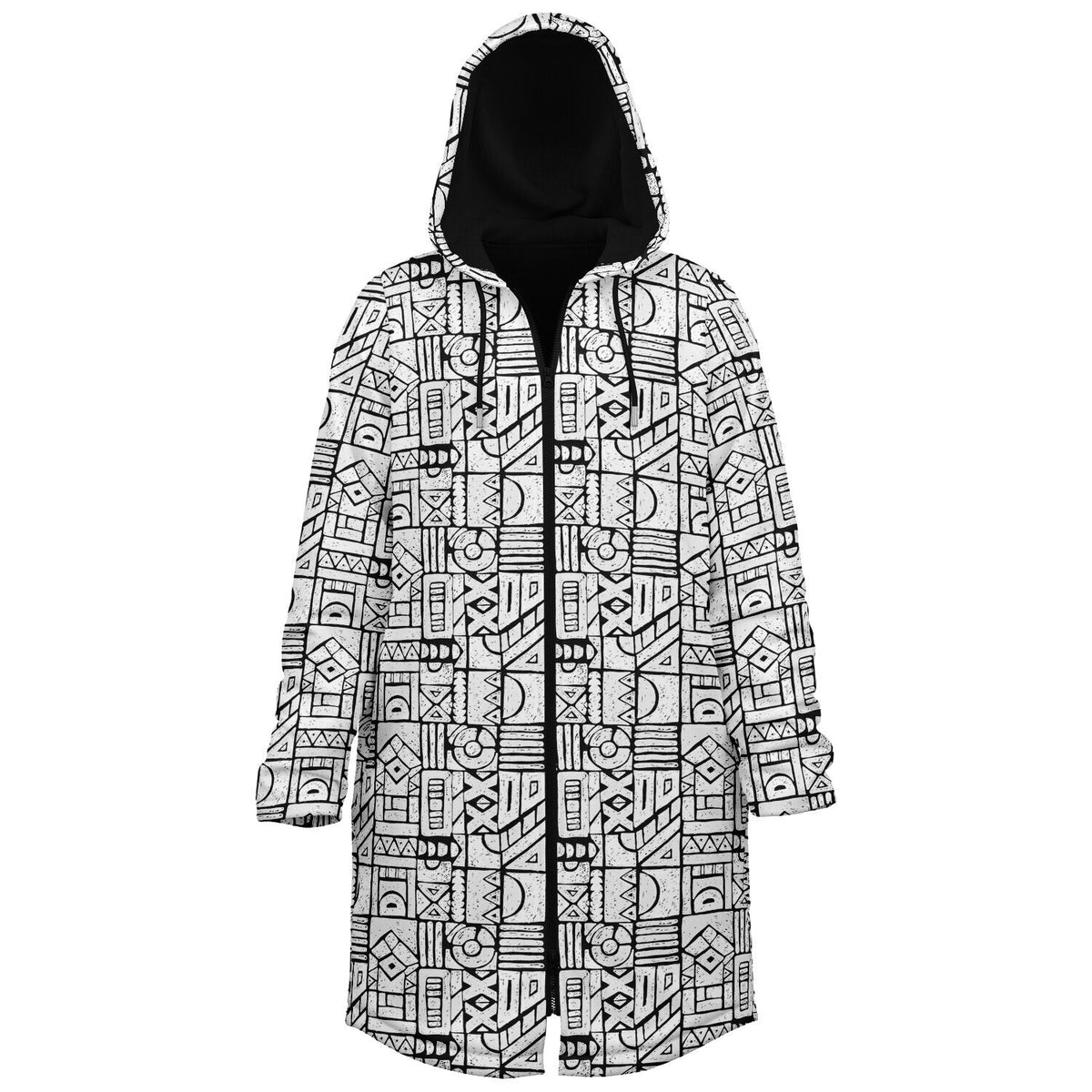 Zentangle Cuddle Coat | Unisex Minky Sherpa Lined Coat with Hood, Zipper and Pockets | Women and Mens Festival Coat | Mountain Fashion