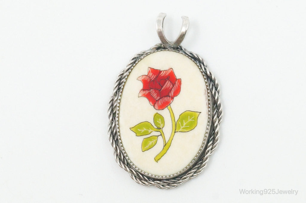 Vintage Painted Rose Bone Southwestern Sterling Silver Pendant | Jewelry > Necklaces > Pendants | Wiccan Center