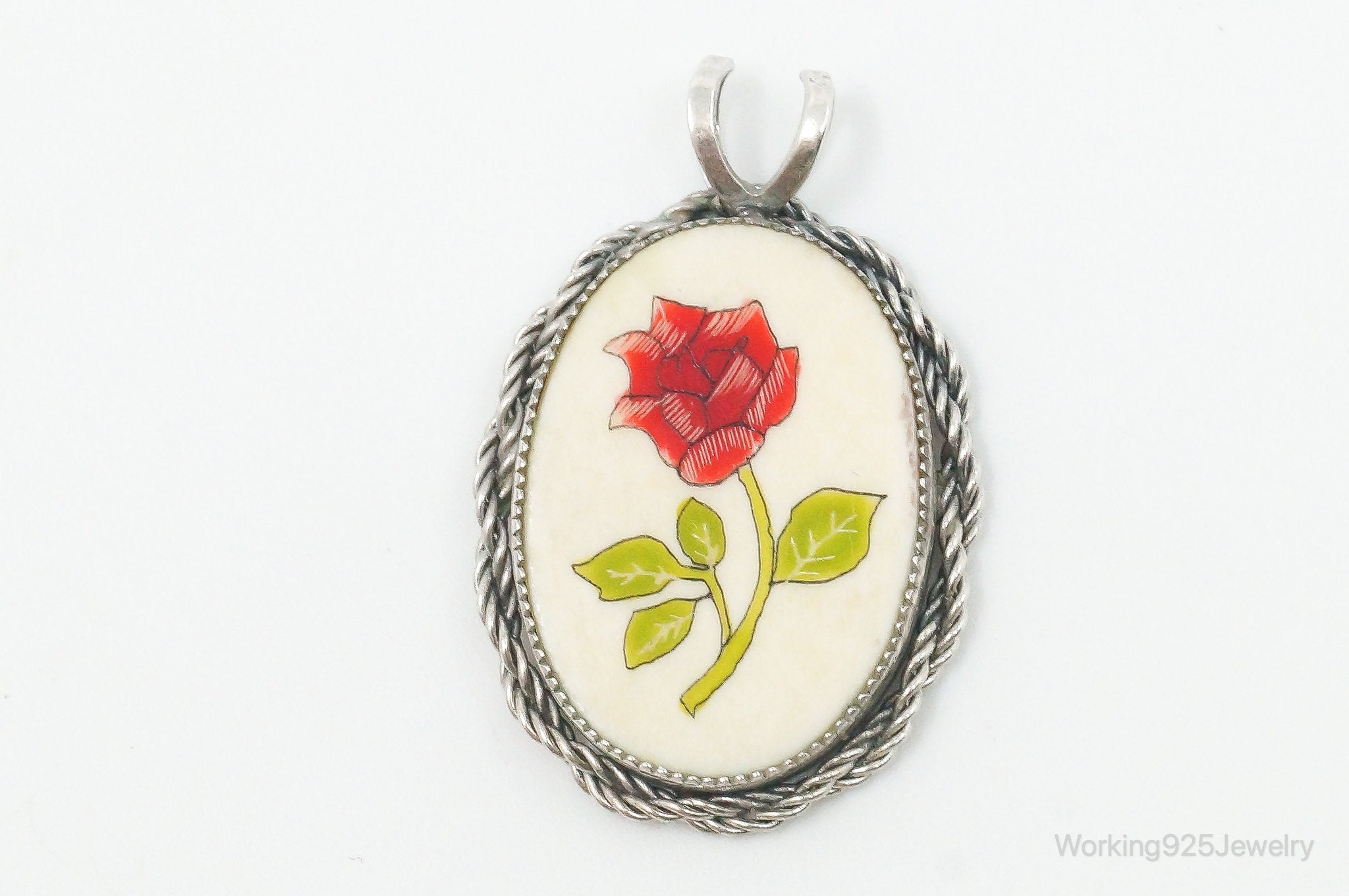 Vintage Painted Rose Bone Southwestern Sterling Silver Pendant | Jewelry > Necklaces > Pendants | Wiccan Center