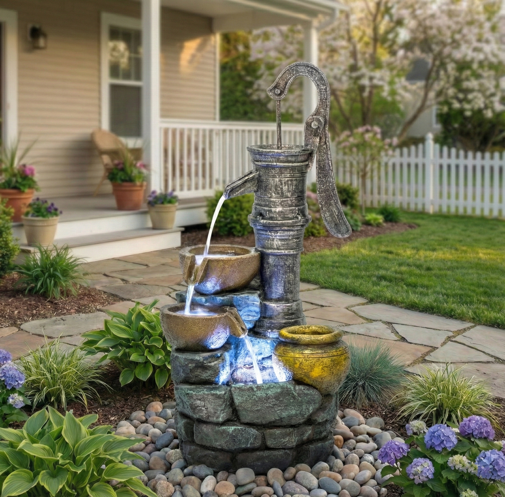 Resin Hand Pump Cascading Outdoor Fountain 32 Inch | Outdoor Fountain | Wiccan Center