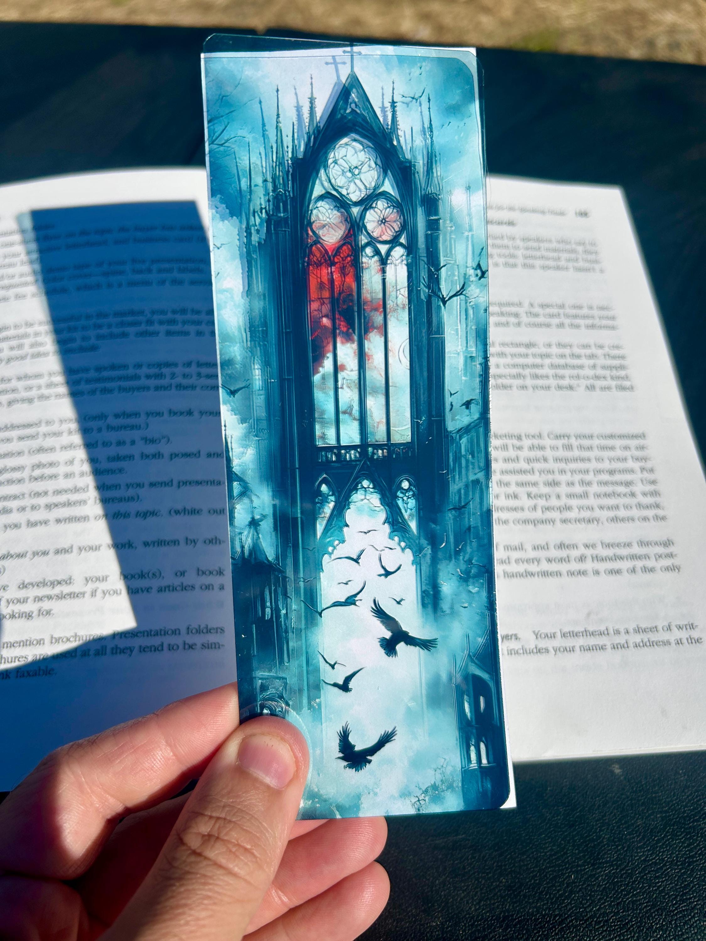 Gothic cathedral and ravens bookmark with stained glass and misty skies | dark fantasy gothic art | | Wiccan Center