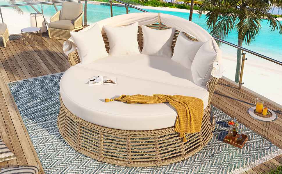 Outdoor Patio Rattan Round Daybed with Retractable Canopy, Wicker | Furniture | Wiccan Center