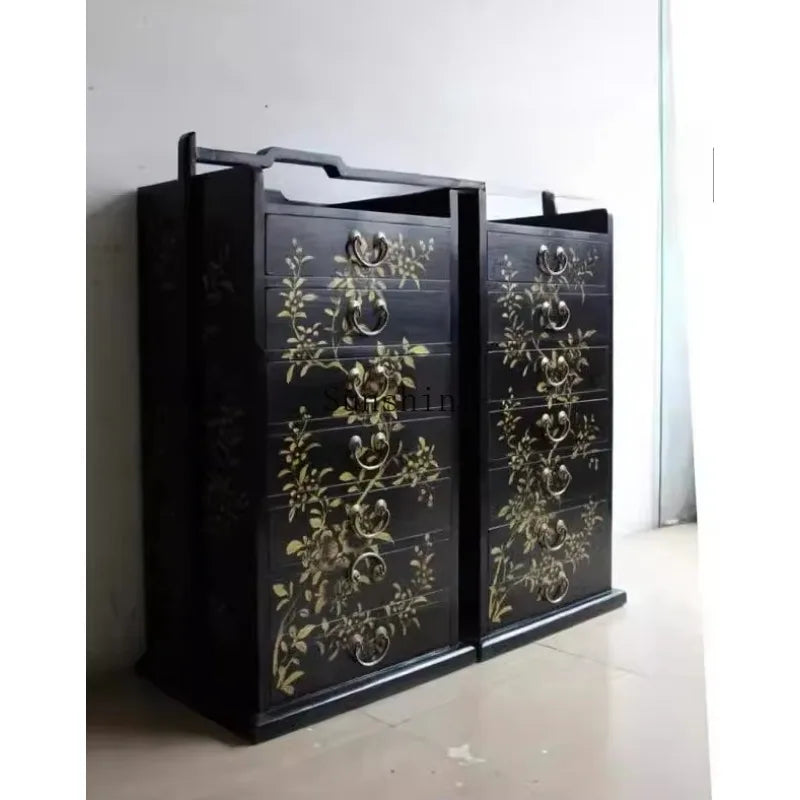 Antique-Style Black Lacquered Butterfly Chest with Hand-Gilded Details