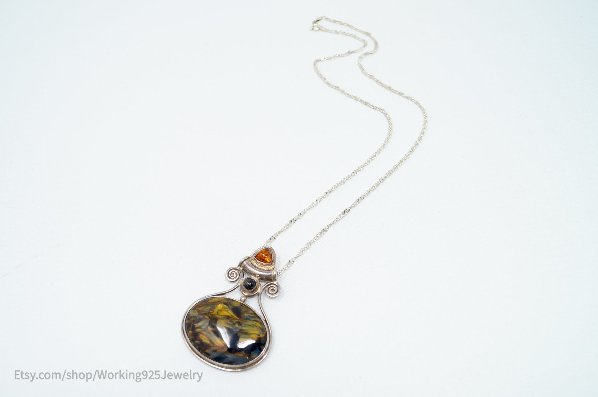 Vintage Designer SAJEN Large Blue Tigers Eye Amber Sterling Necklace | Jewelry > Necklaces > Pendants | Wiccan Center