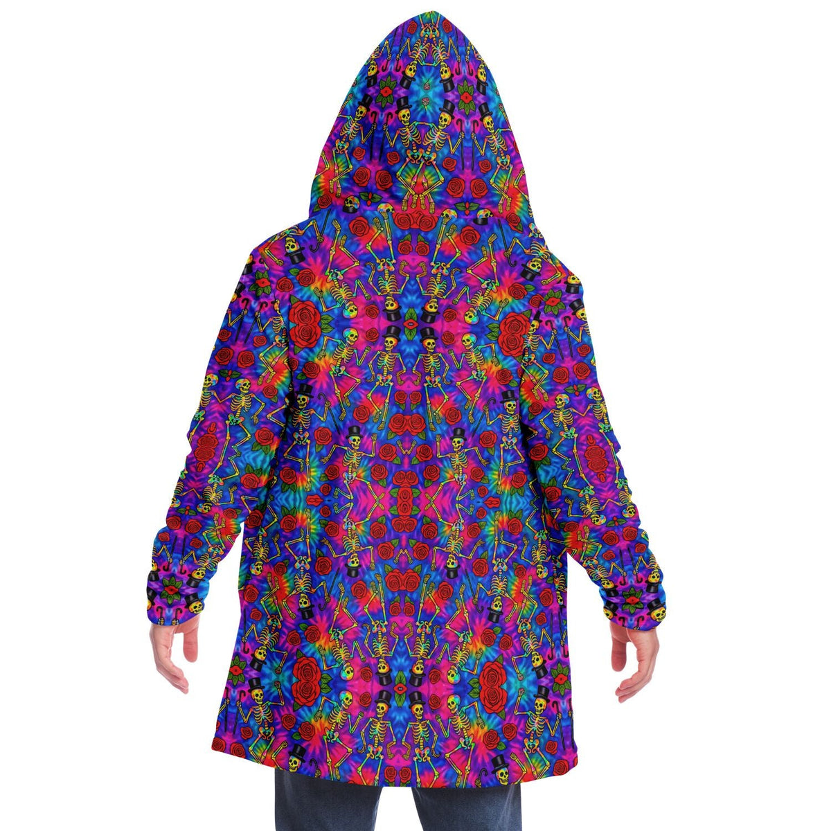 Tie Dye Dancing Skeleton Cuddle Cloak | Grateful Dead | Minky Sherpa Lined Coat with Hood, Zipper and Pockets | Women and Mens Festival Coat | Mountain Fashion | Microfleece Cloak - AOP | Wiccan Center