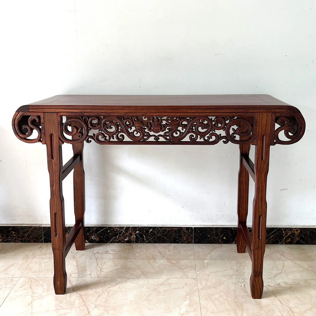 Chinoiserie Solid Wood Guqin Table – Scroll-Head Altar & Console Table