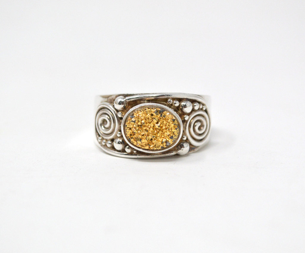 Vintage Designer Sajen Gold Druzy Sterling Silver Adjustable Ring - Size 10 | Jewelry > Rings | Wiccan Center