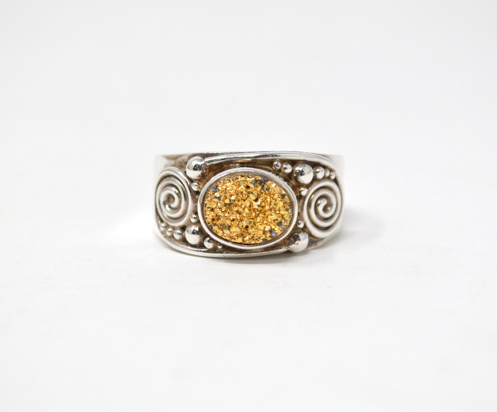 Vintage Designer Sajen Gold Druzy Sterling Silver Adjustable Ring - Size 10 | Jewelry > Rings | Wiccan Center