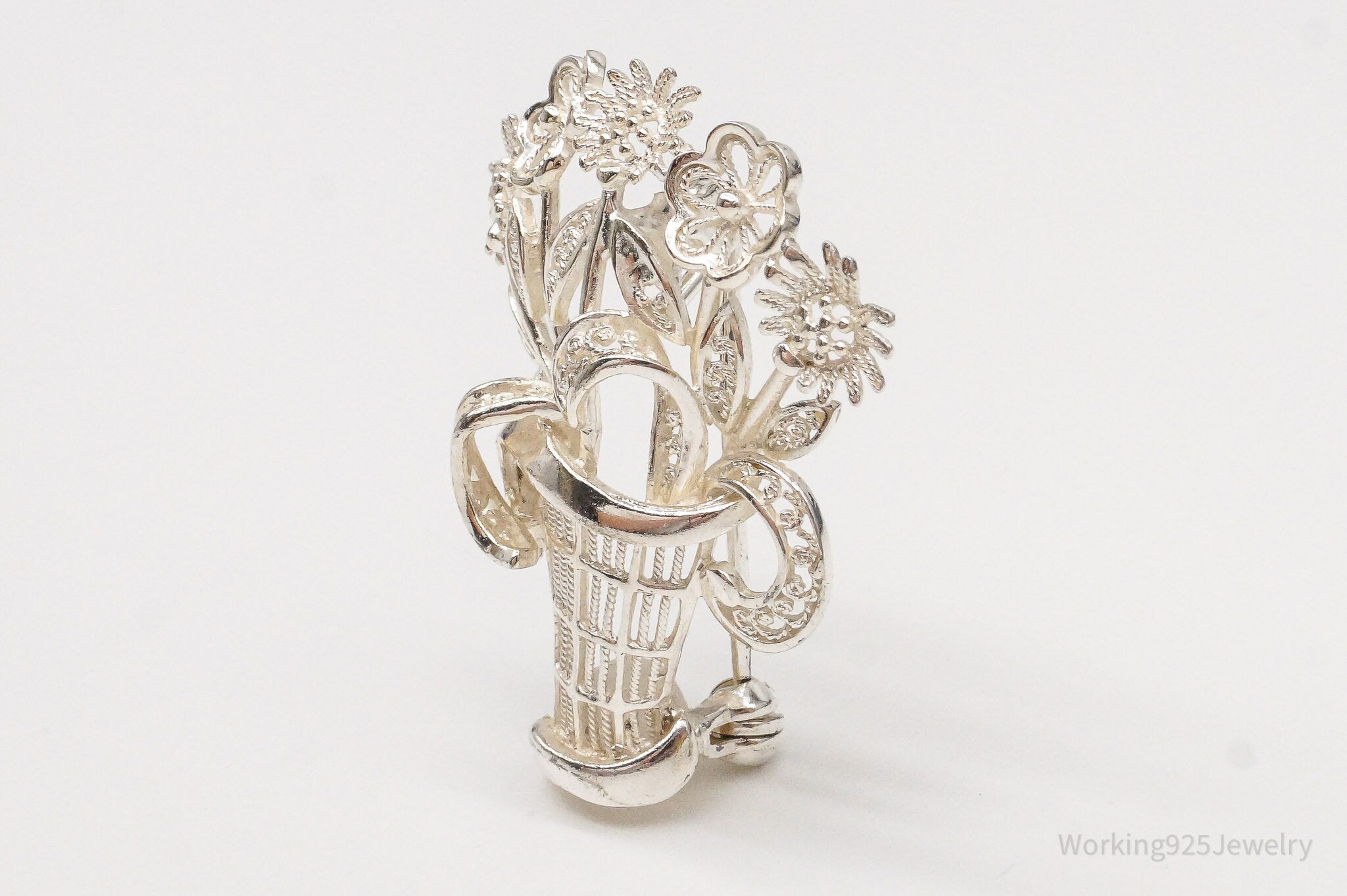 Vintage Mid Century German Sterling Silver Flower Basket Brooch Pin | Jewelry > Brooches, Pins & Clips | Wiccan Center