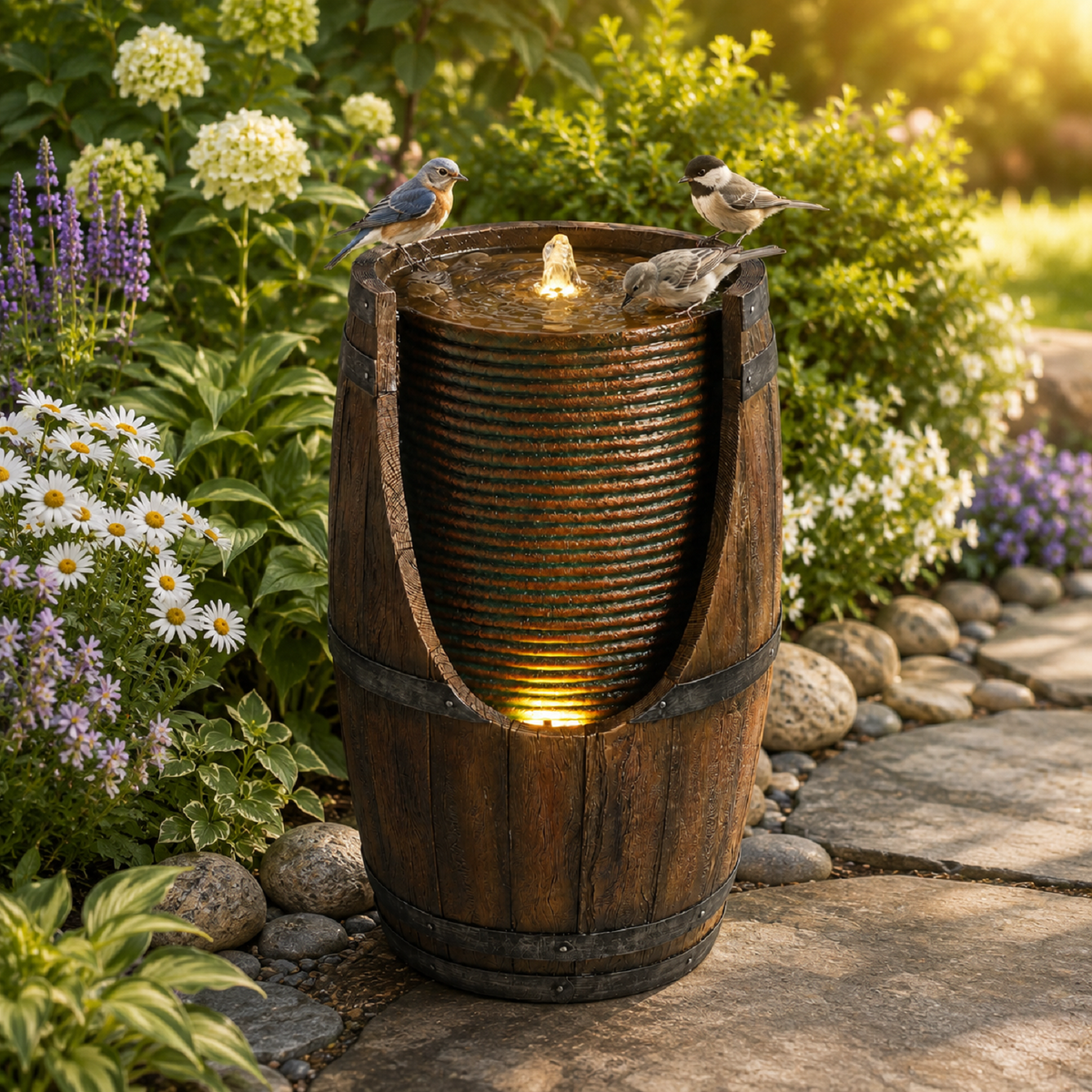 Resin Rustic Barrel Outdoor Water Fountain 24 Inch LED | Outdoor Fountain | Wiccan Center