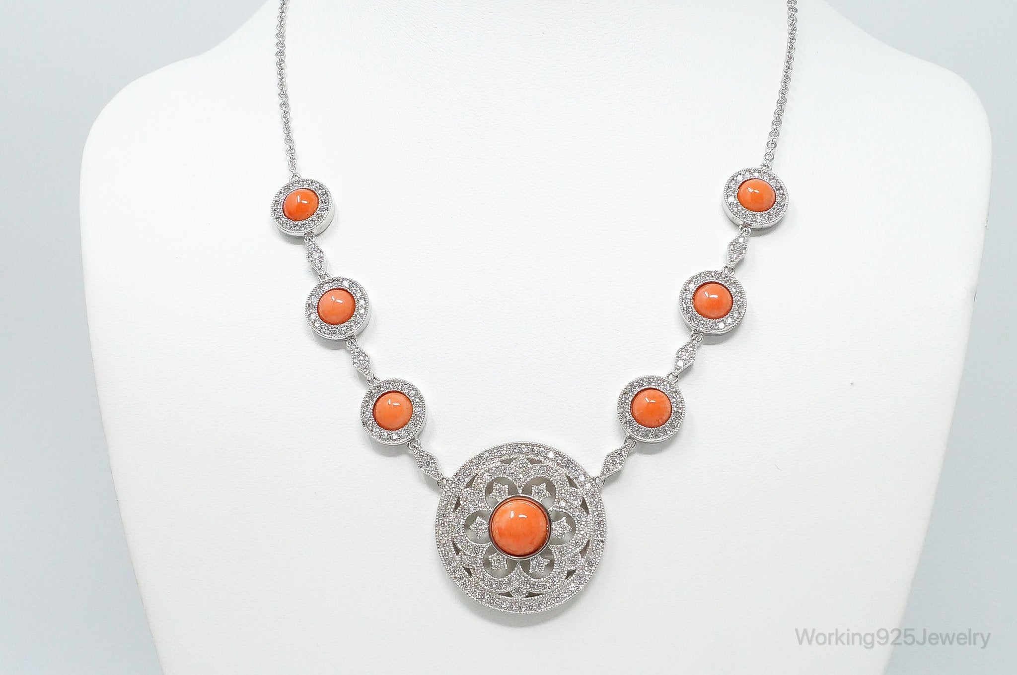 Vintage Designer Joseph Esposito Coral Cubic Zirconia Sterling Silver Necklace | Jewelry > Necklaces > Pendants | Wiccan Center