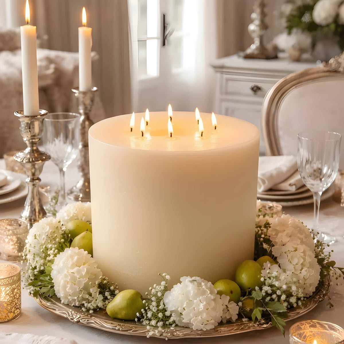 Bonfire White Beeswax Candle Eight-Wick Luxury Statement Pillar 9″ Tall 8″ Wide | Pillar Candles | Wiccan Center