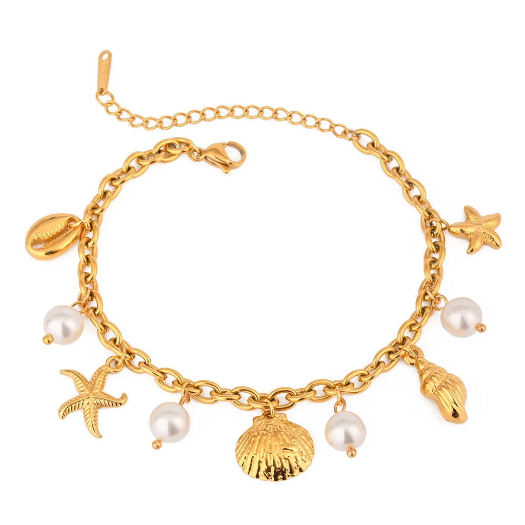 Ocean Theme Stainless Steel Chain Bracelet with Seashell and Starfish Pendants | | Wiccan Center