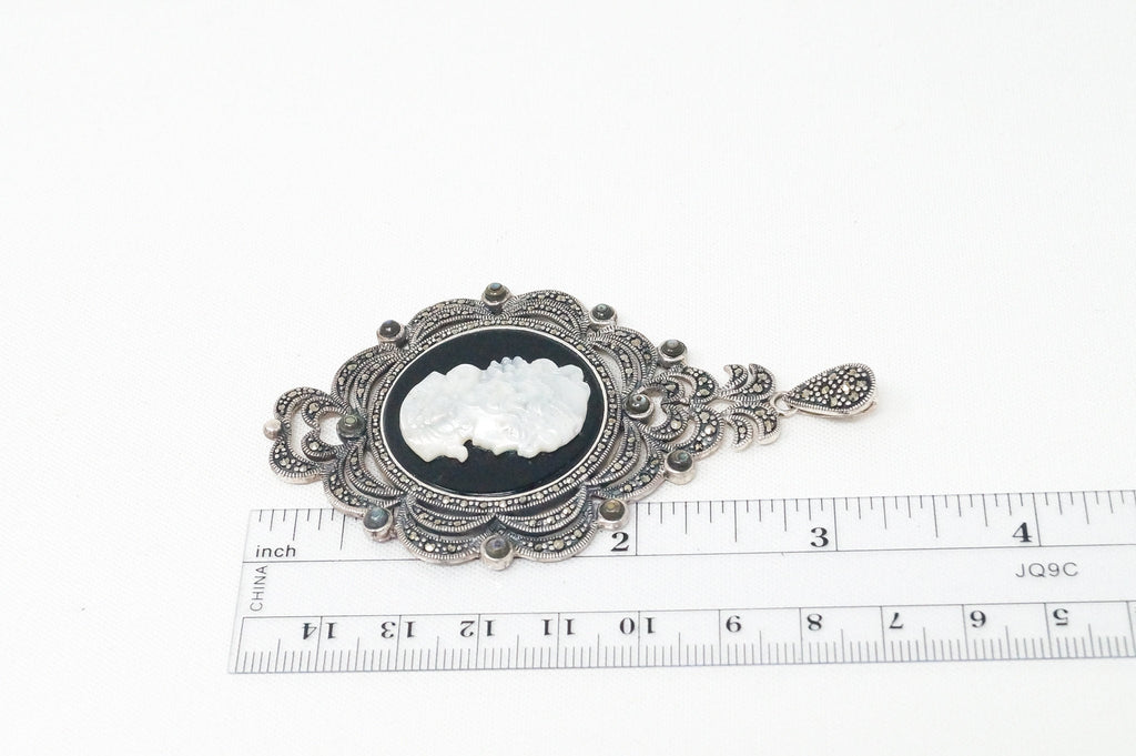 Vtg Carved Cameo Mother Of Pearl Marcasite Sterling Silver Necklace Pendant | Jewelry > Necklaces > Pendants | Wiccan Center