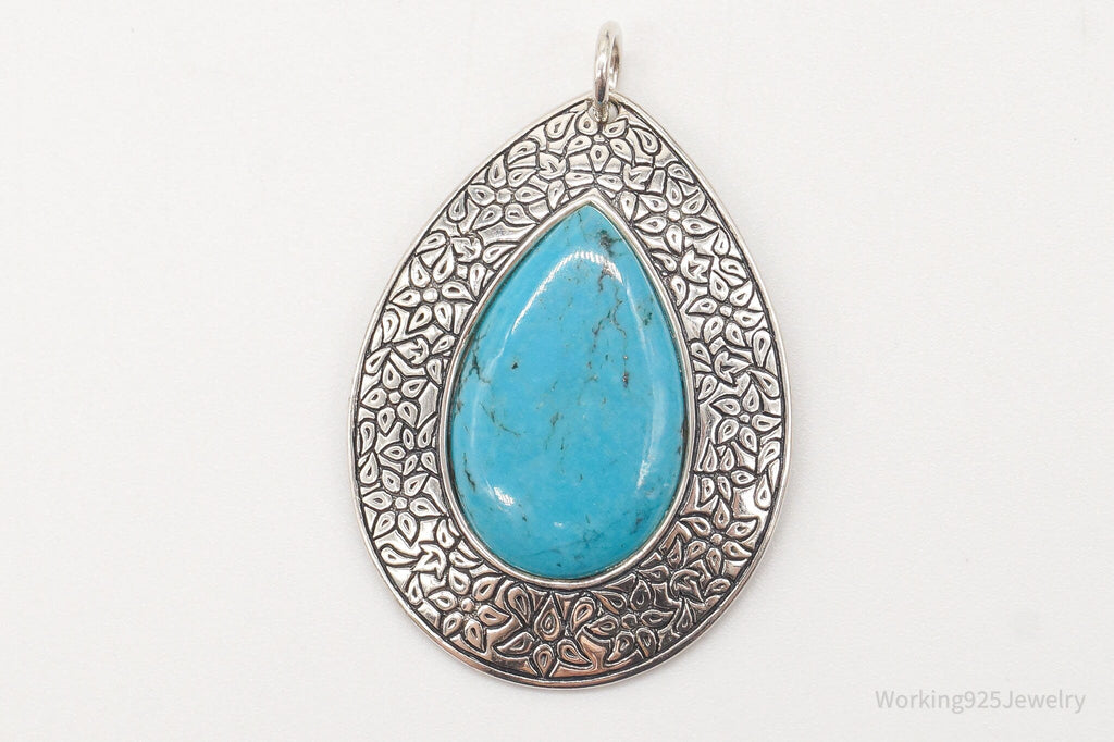 Vintage Large Turquoise Floral Etched Sterling Silver Necklace Pendant | Jewelry > Necklaces > Pendants | Wiccan Center