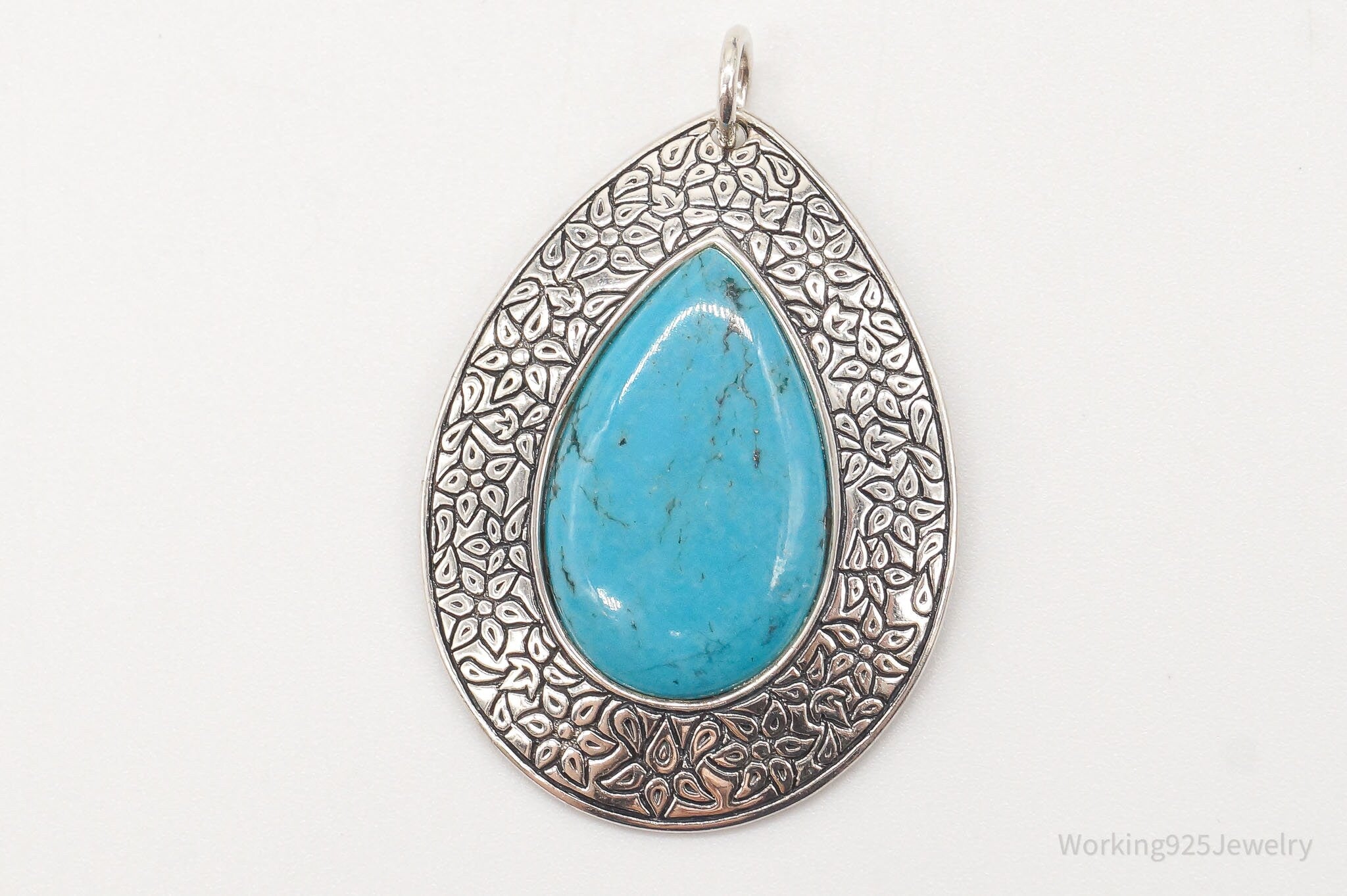 Vintage Large Turquoise Floral Etched Sterling Silver Necklace Pendant | Jewelry > Necklaces > Pendants | Wiccan Center