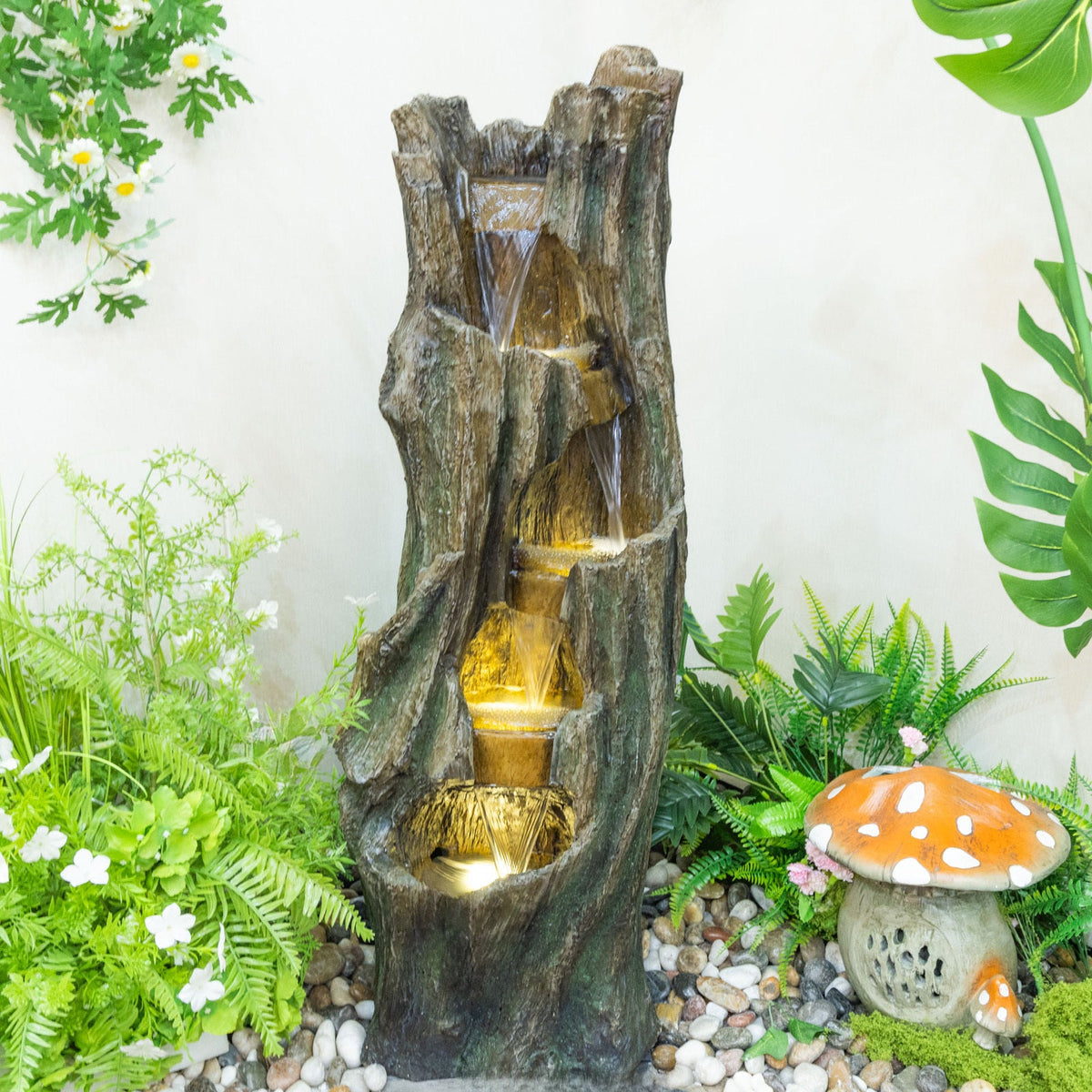 Resin Tree Trunk Outdoor Fountain 39 Inch with LED