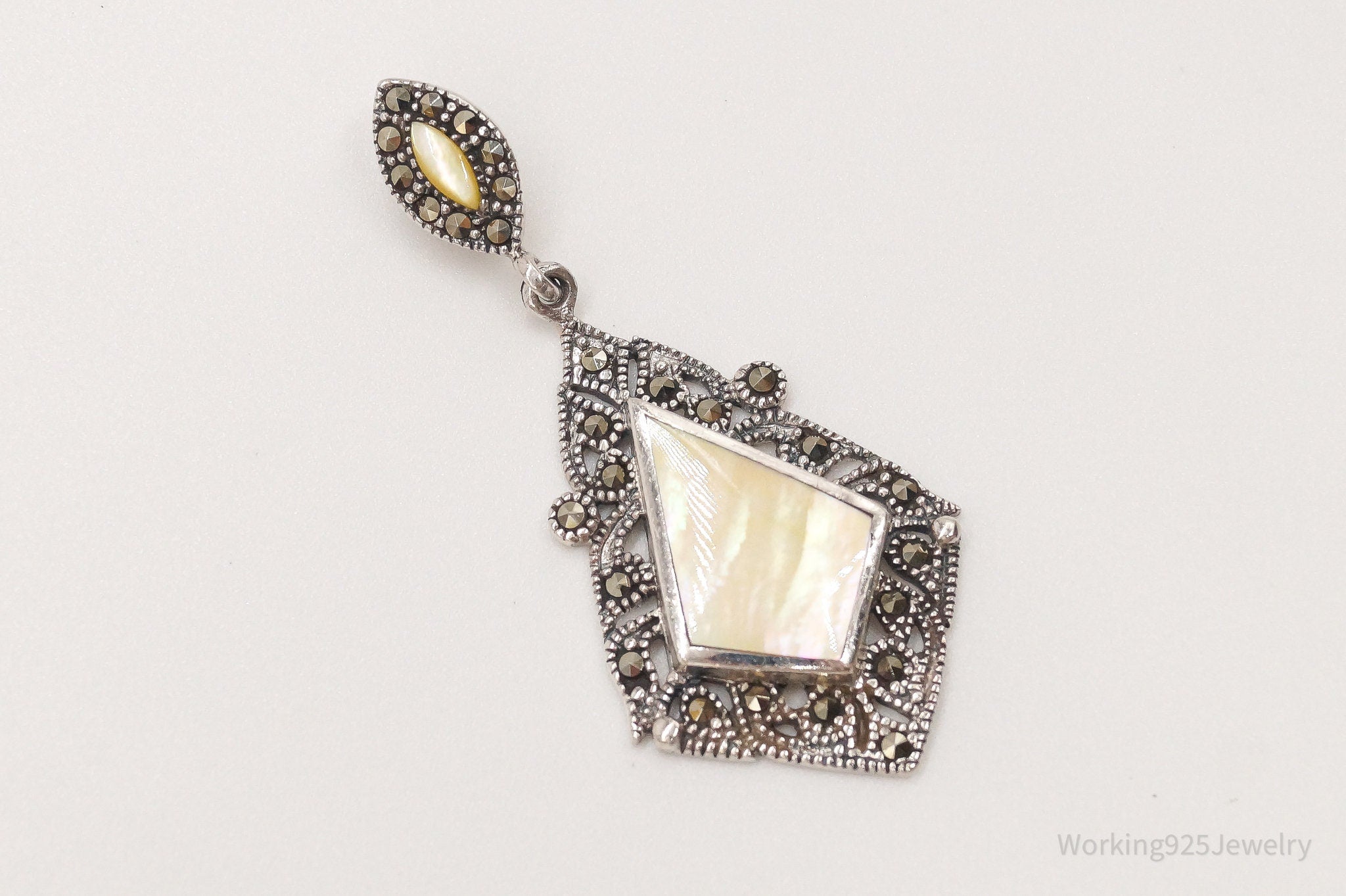 Vintage Art Deco Mother Of Pearl Marcasite Sterling Silver Pendant | Jewelry > Necklaces > Pendants | Wiccan Center