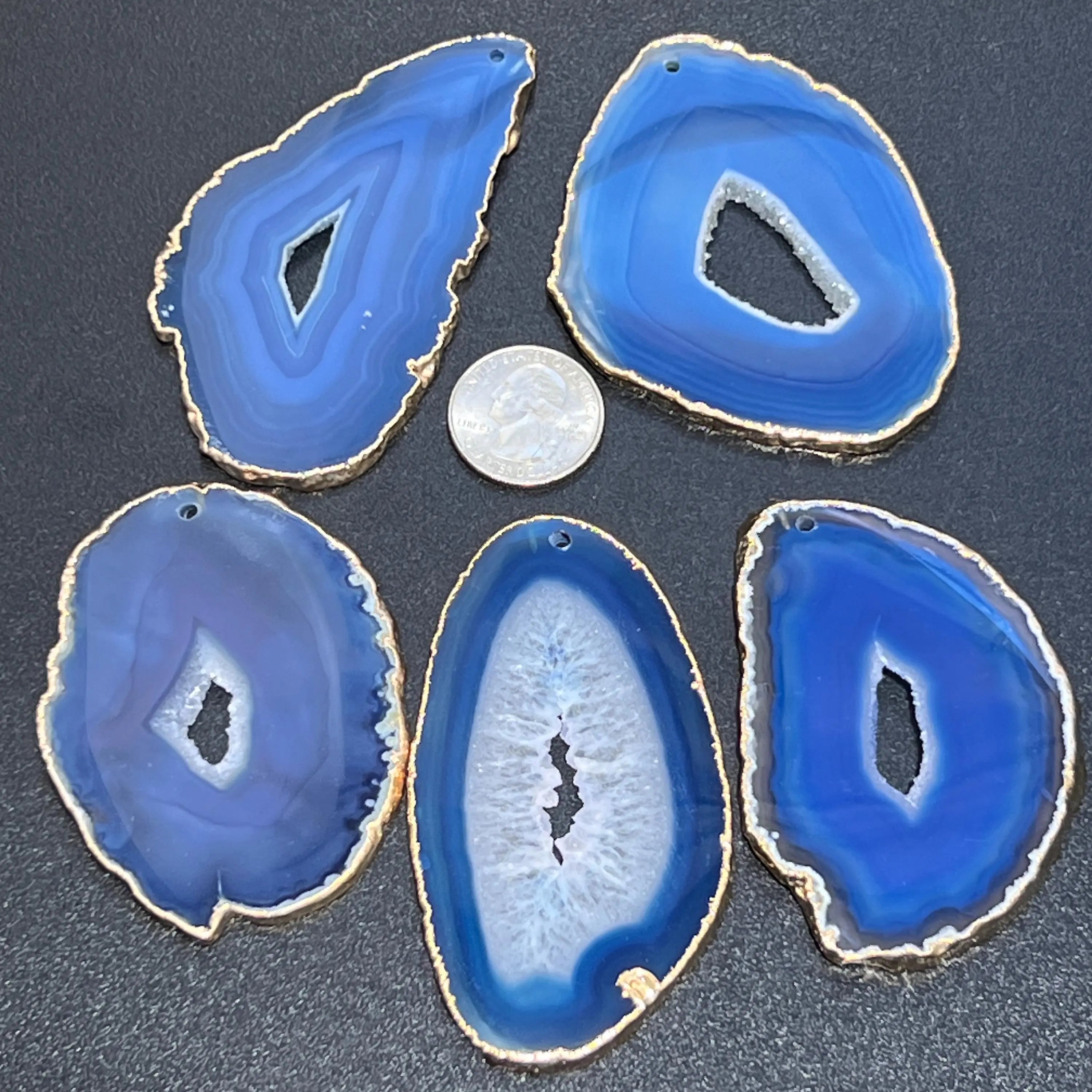 Drilled Hole Blue Agate Slices (2mm Hole)(Gold Plated Edges) Gemstone Decor Craft Supplies | Craft Supplies & Tools > Raw Materials > Stones & Rocks > Minerals | Wiccan Center