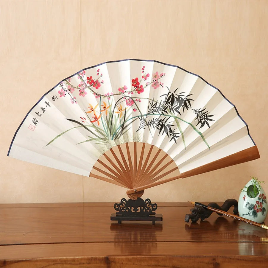 1Pcs Chinese Style Retro Folding Silk Fan Decorative Men Pocket Bamboo Handle Hand Held Fan Party Favors Home Decoration Crafts