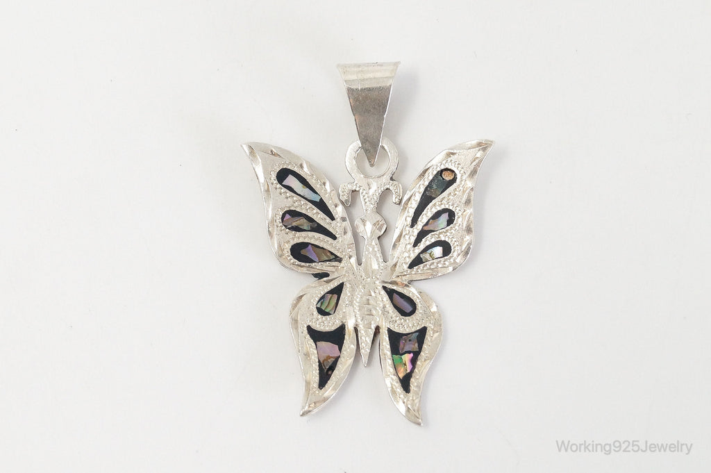 Large Vintage Mexico CC80 Abalone Etched Butterfly Sterling Silver Pendant | Jewelry > Necklaces > Pendants | Wiccan Center
