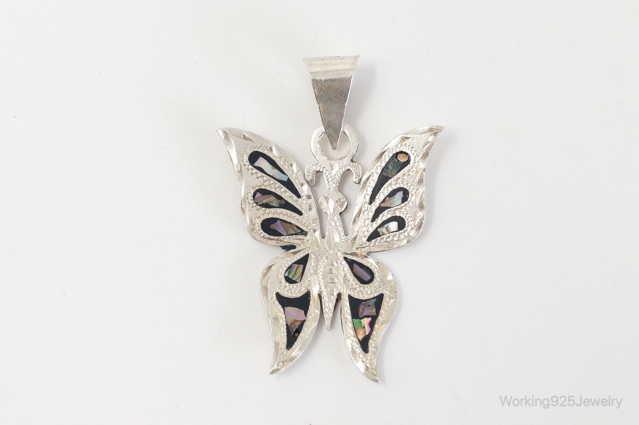 Large Vintage Mexico CC80 Abalone Etched Butterfly Sterling Silver Pendant | Jewelry > Necklaces > Pendants | Wiccan Center