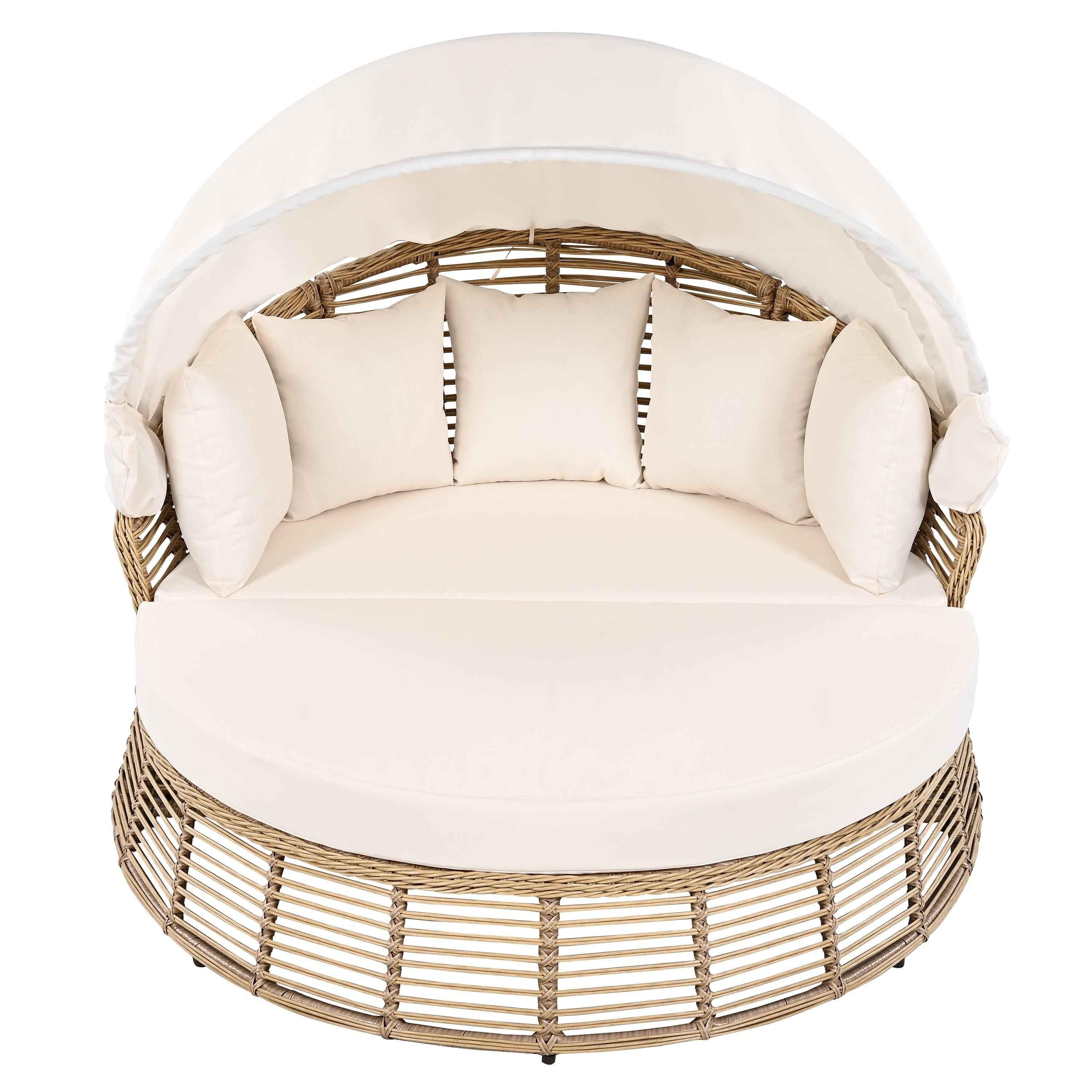Outdoor Patio Rattan Round Daybed with Retractable Canopy, Wicker | Furniture | Wiccan Center