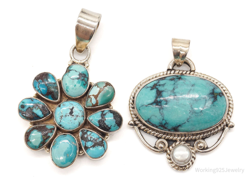 Vintage Turquoise Pearl Bali Style Sterling Silver Pendant Set | Jewelry > Necklaces > Pendants | Wiccan Center