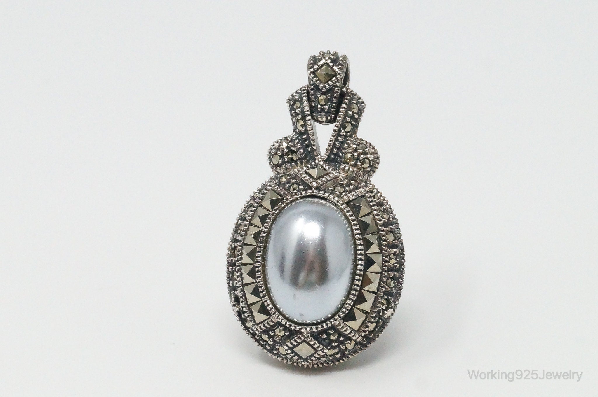 Large Vintage White Blue Pearl Marcasite Reversible Sterling Silver Pendant | Jewelry > Necklaces > Pendants | Wiccan Center