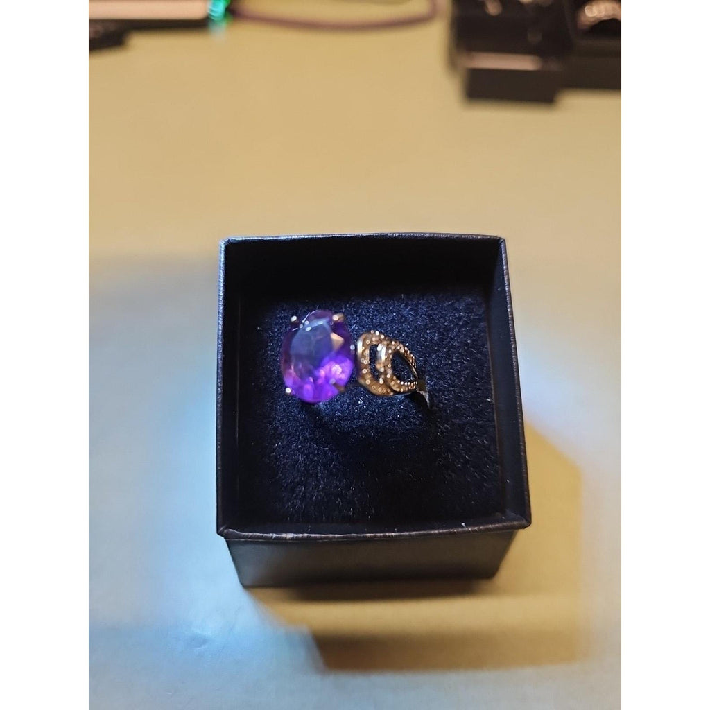 Womens 14K White Gold Platinum Finish Size 6 Ring Amethyst & Diamonds