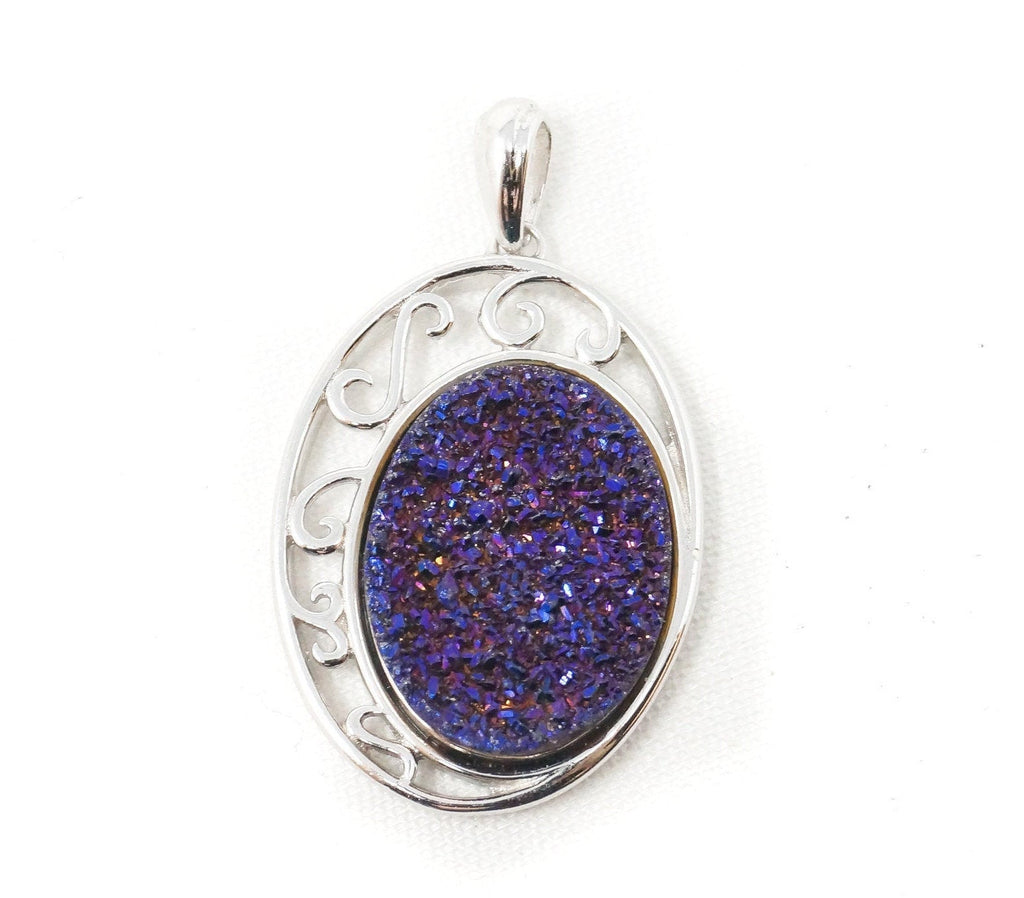 Vintage Designer TGGC Purple Druzy Quartz Art Deco Style Sterling Silver Pendant | Jewelry > Necklaces > Pendants | Wiccan Center