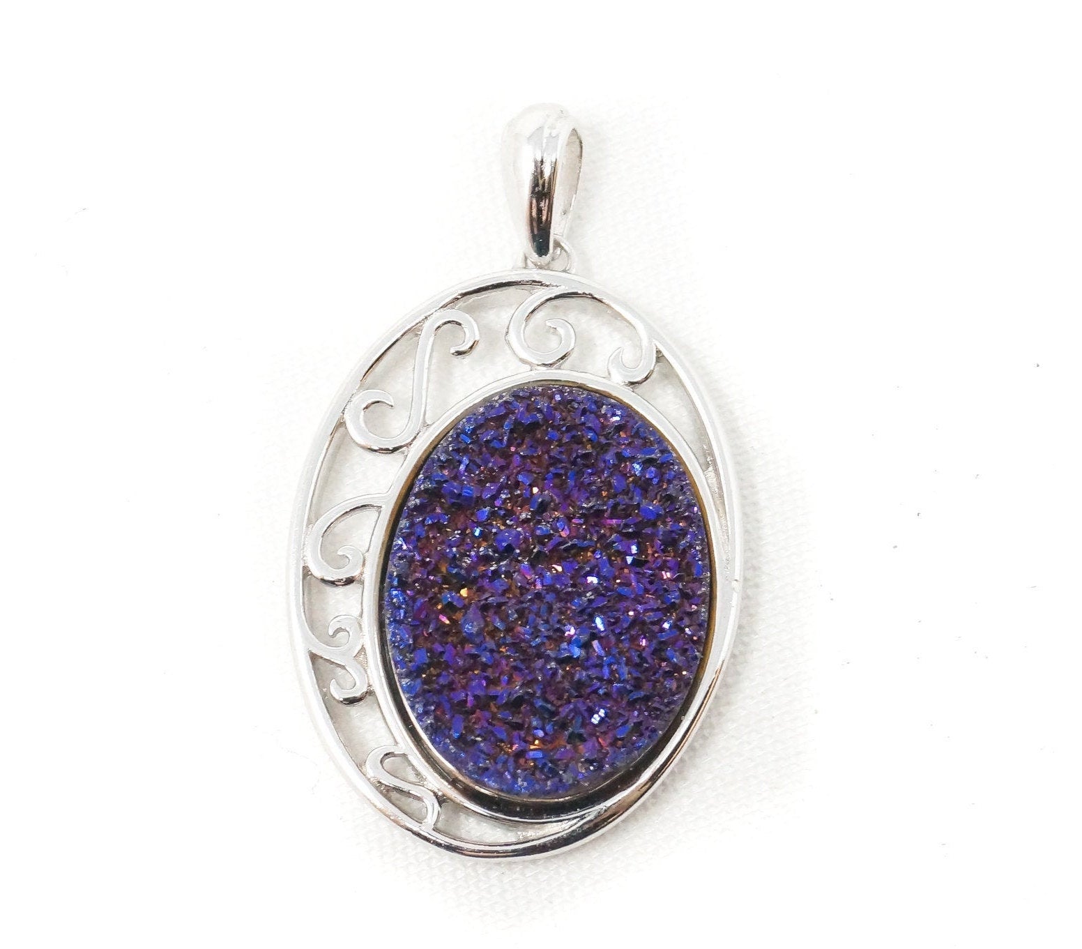 Vintage Designer TGGC Purple Druzy Quartz Art Deco Style Sterling Silver Pendant | Jewelry > Necklaces > Pendants | Wiccan Center