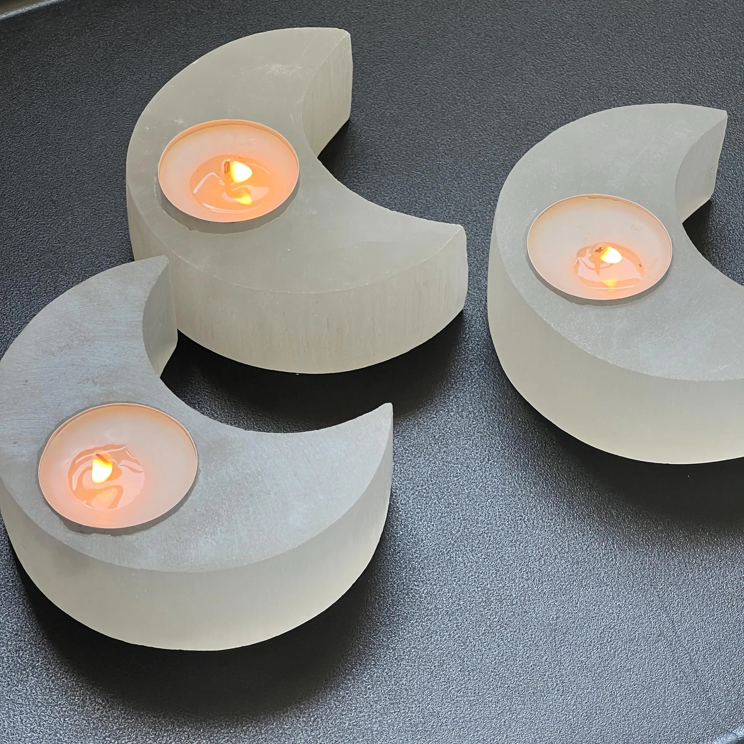 Selenite Crystal Crescent Moon Tealight Candle Carving Gemstone Home Decor | Home & Living > Home Decor > Candles & Home Fragrances > Candles > Tea Lights | Wiccan Center