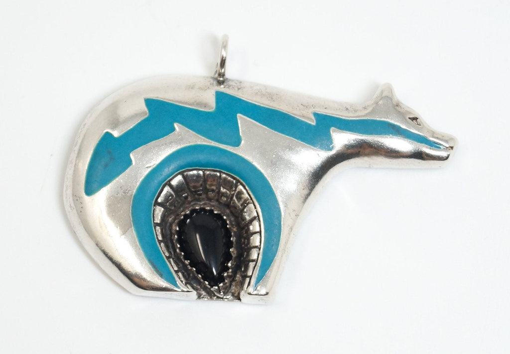 Vintage Native American Black Onyx Enamel Bear Sterling Silver Necklace Pendant | Jewelry > Necklaces > Pendants | Wiccan Center