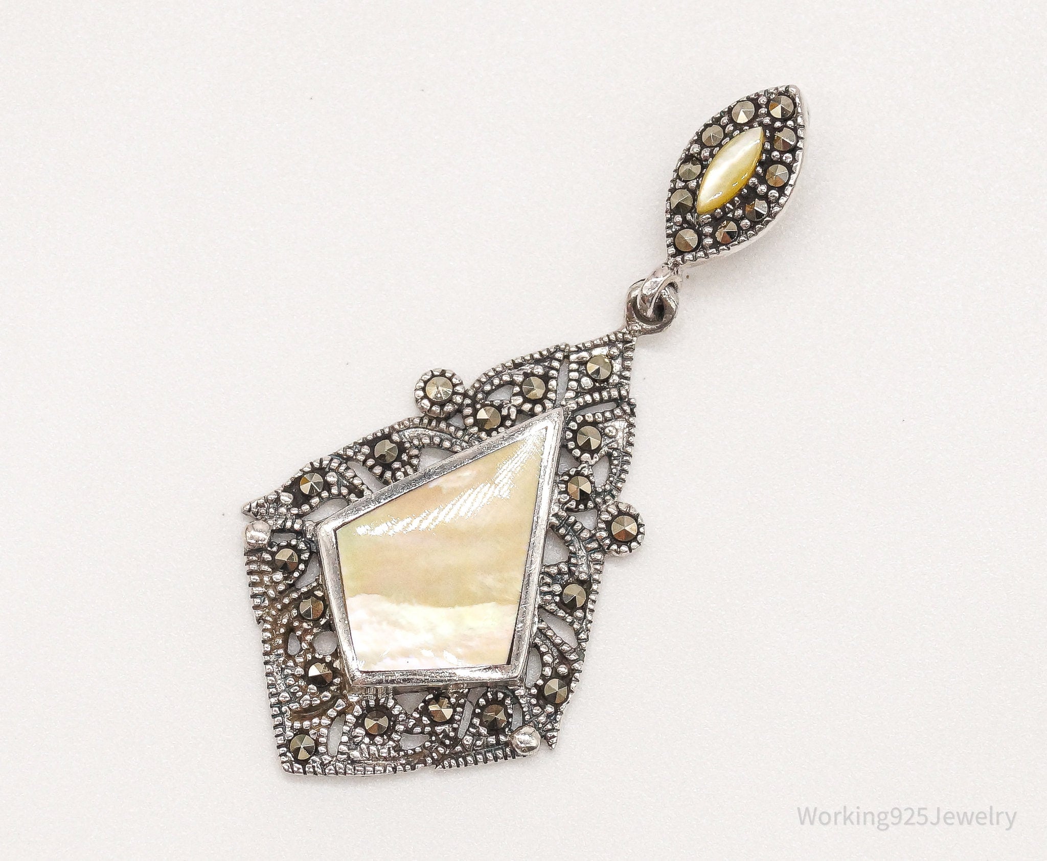 Vintage Art Deco Mother Of Pearl Marcasite Sterling Silver Pendant | Jewelry > Necklaces > Pendants | Wiccan Center