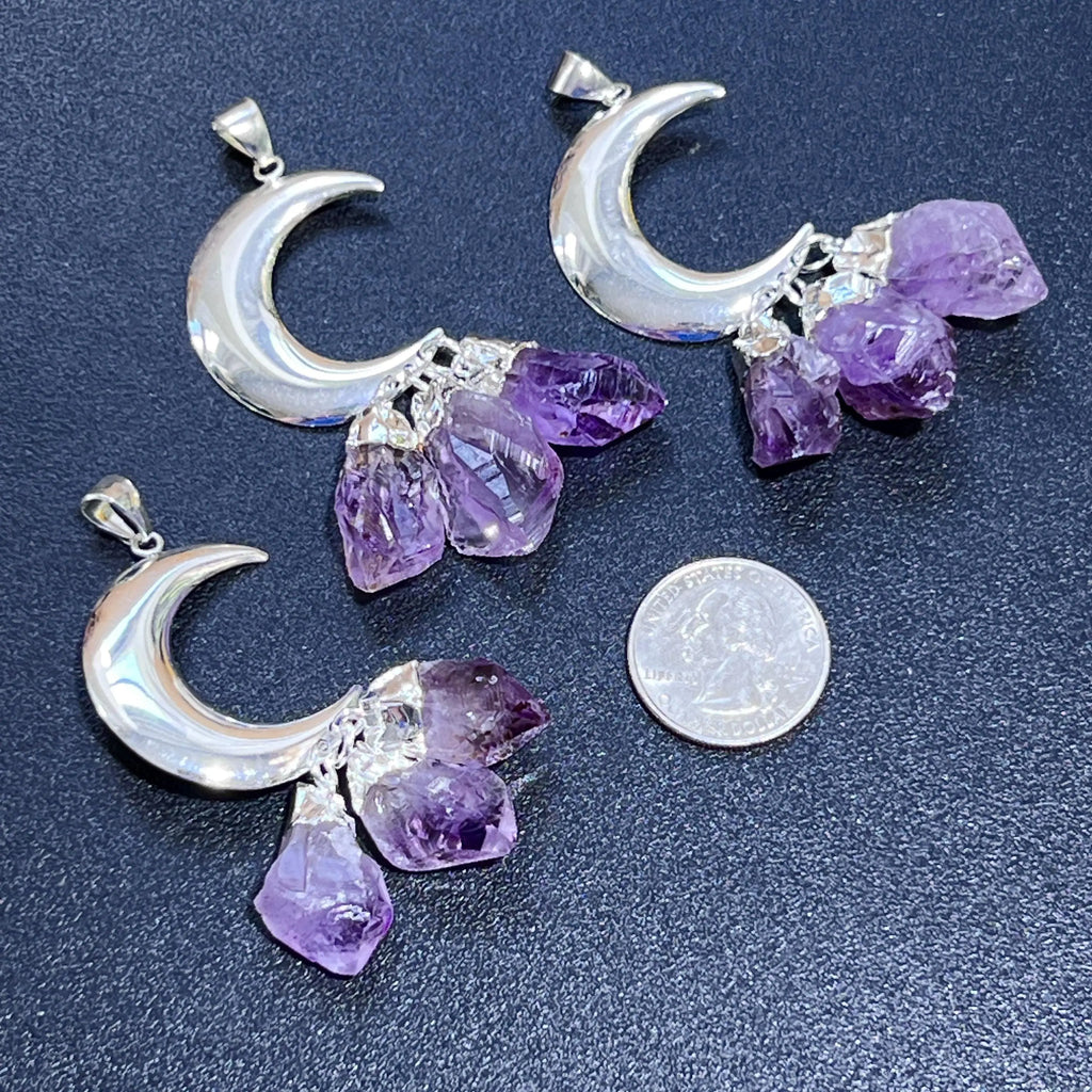 Amethyst Crystal Crescent Moon Pendant (Silver Plated)(3 Crystals) Gemstone Jewelry Necklace Supply | Craft Supplies & Tools > Beads, Gems & Cabochons > Charms & Pendants > Pendants | Wiccan Center