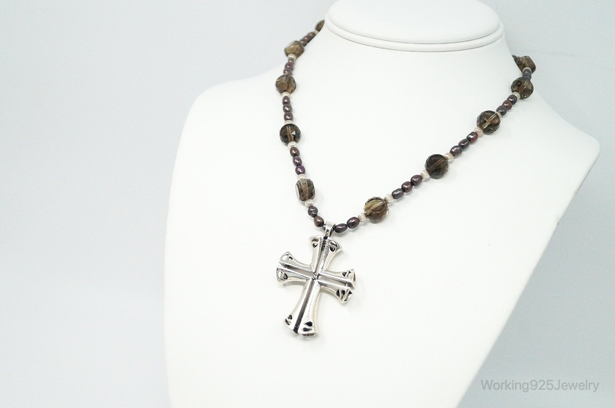 Designer Large Cross Smoky Topaz Pearl Sterling Silver Necklace | Jewelry > Necklaces > Pendants | Wiccan Center