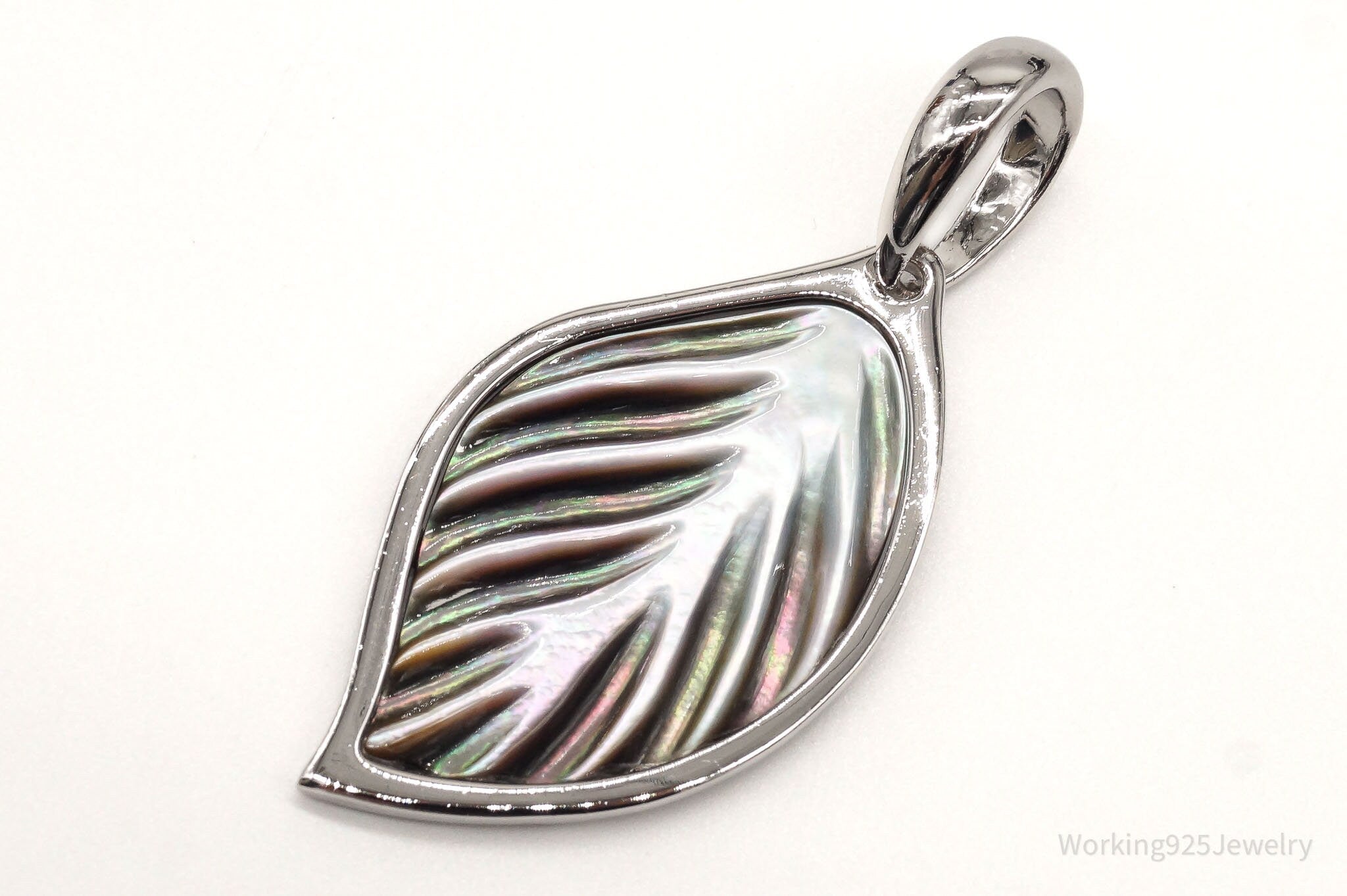 Large Vintage Carved Abalone Shell Sterling Silver Leaf Pendant | Jewelry > Necklaces > Pendants | Wiccan Center