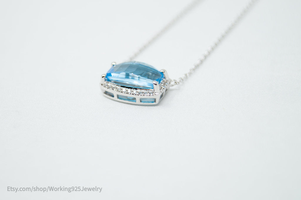 Vintage Art Deco Style Checkerboard Blue Topaz CZ Sterling Silver Necklace | Jewelry > Necklaces > Pendants | Wiccan Center