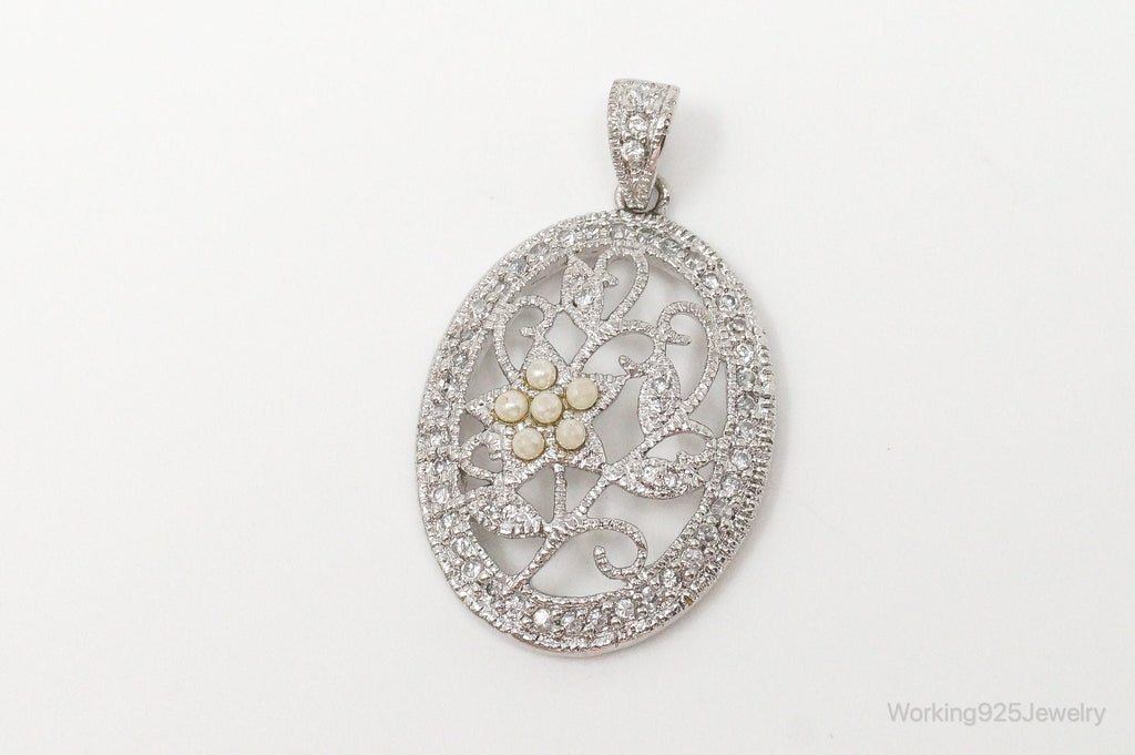 Large Vintage Faux Pearl Cubic Zirconia Sterling Silver Pendant | Jewelry > Necklaces > Pendants | Wiccan Center