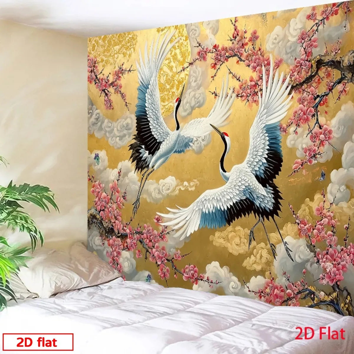 Majestic Birds & Cherry Blossom Wall Tapestry | Luxury Gold Asian Art Hanging | Tapestry | Wiccan Center