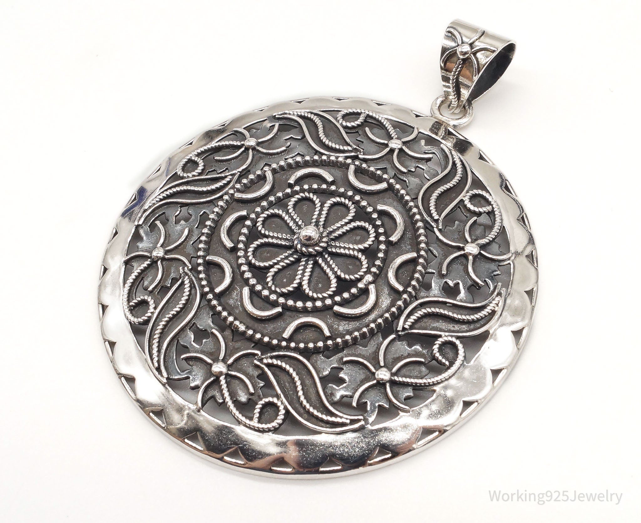 Large India Designer Doug Paulus Ornate Flower Sterling Silver Pendant | Jewelry > Necklaces > Pendants | Wiccan Center