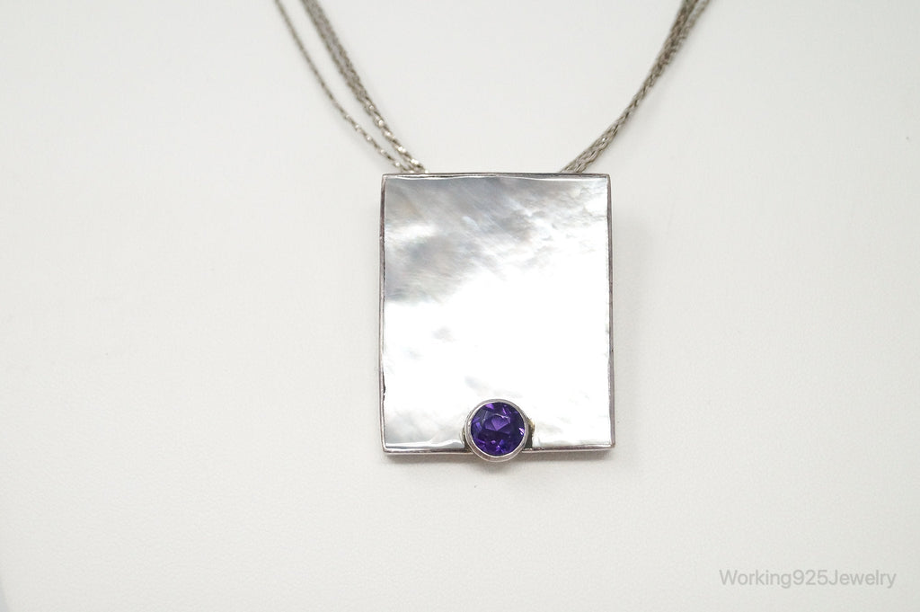 Vintage Large Mother Of Pearl Amethyst Modernist Sterling Silver Necklace | Jewelry > Necklaces > Pendants | Wiccan Center