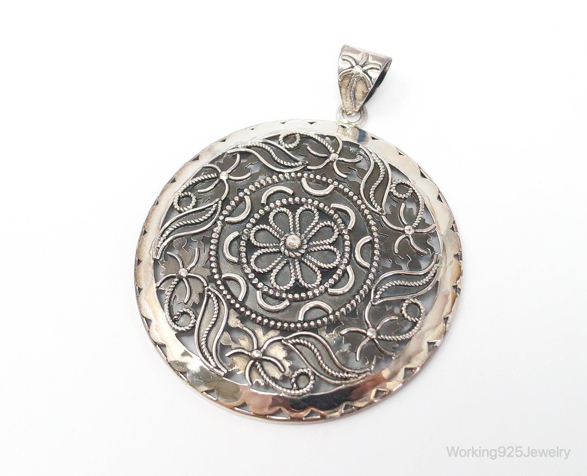 Large India Designer Doug Paulus Ornate Flower Sterling Silver Pendant | Jewelry > Necklaces > Pendants | Wiccan Center