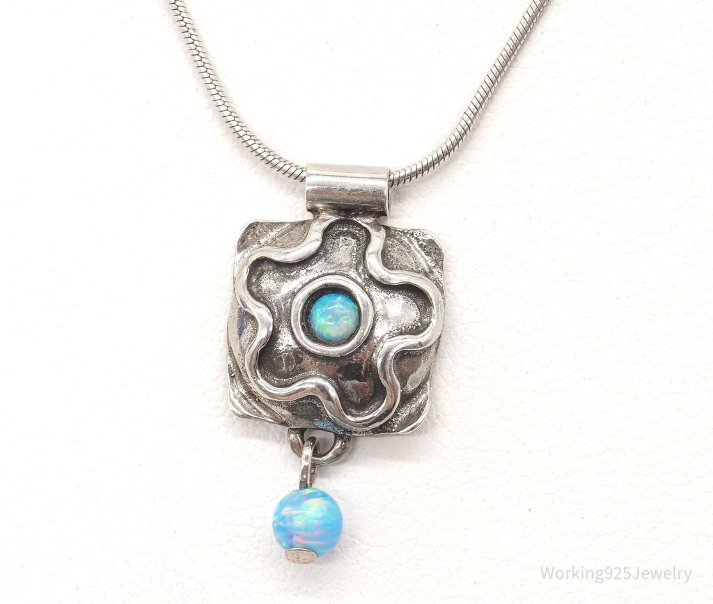 Vintage Flower Blue Fire Opal Hammered Style Sterling Silver Necklace | Jewelry > Necklaces | Wiccan Center