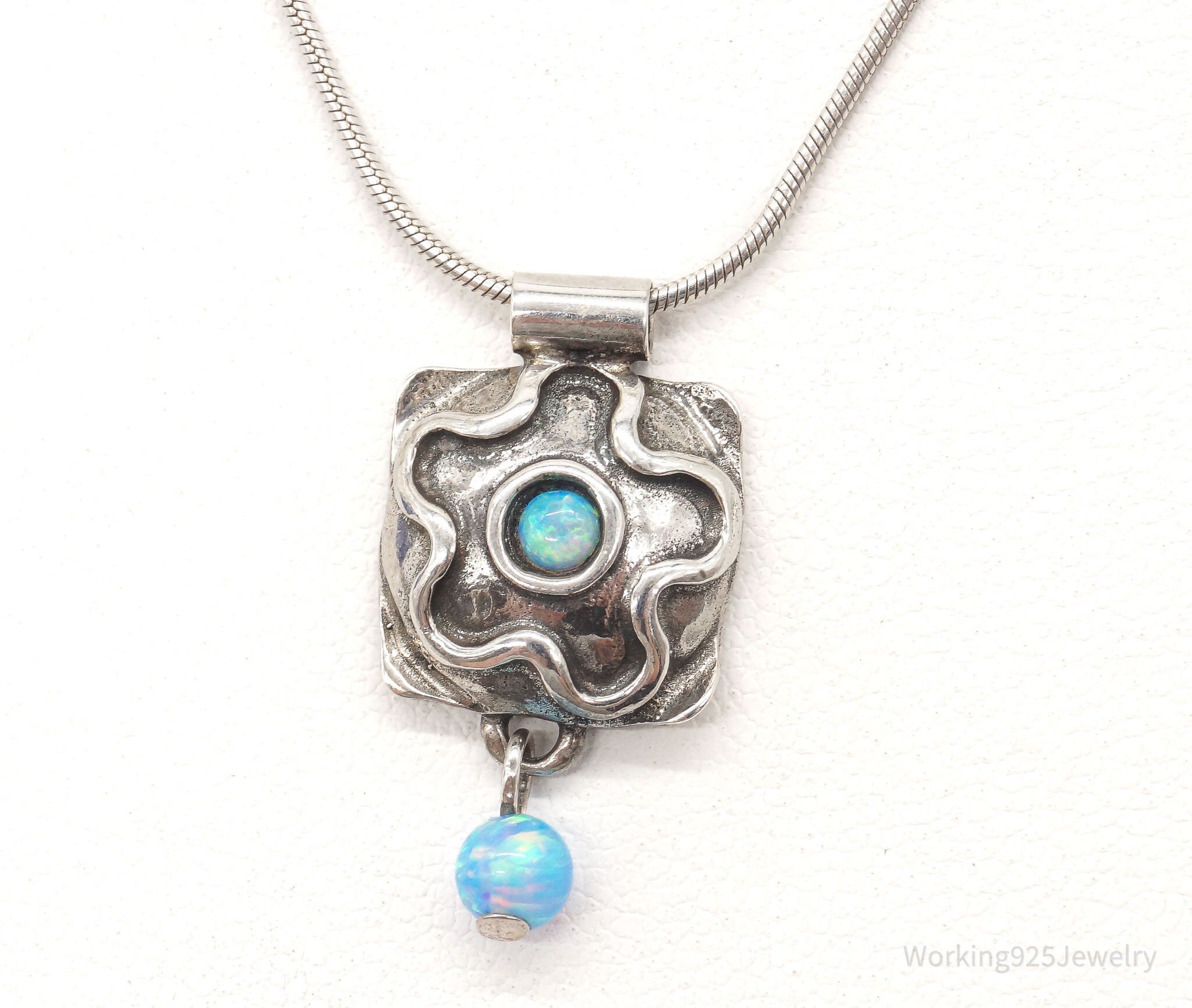 Vintage Flower Blue Fire Opal Hammered Style Sterling Silver Necklace | Jewelry > Necklaces | Wiccan Center